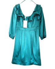 emerald green hammered satin 100% silk dress ruffled neckline size 8 New