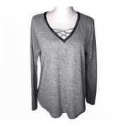 Jennifer Lopez Grey Plush V-neck Studded Long Sleeve Sweater