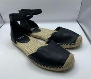 Eileen Fisher Black Leather Lala Espadrille Sandals shoes Flat Back Zip sz 7.5