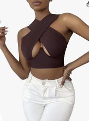 SheIn Women's Crisscross Cut Out Halter Wrap Crop Top Solid Cami Tank Tops L