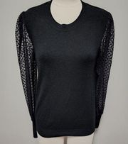 On Twelfth black swiss dot puff sleeve knit body crew sweater size large