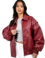 Red Faux Leather Bomber Jacket 