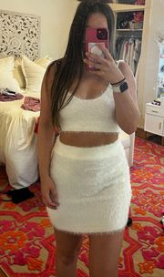 Boutique White Fuzzy Crop Top Skirt Set