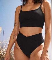 Ribbed Crossover High Cut Cheeky Bikini Bottom in Black Size Medium NWT