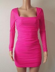 DAY & Night Bodycon Hot Pink Abstract Back Design Long Sleeve Ruched Size: M