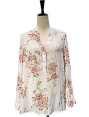 Rose & Olive Floral Relaxed Tunic Top V-neck Medium Girly Feminine Boho Chic