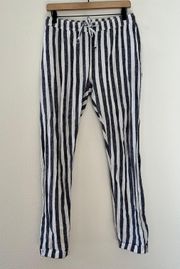 Linen Blend White Gray Striped Cuffed Beach Pants