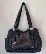 Brighton Black Brown Croc Embossed Genuine Leather Large Shoulder Bag Purse