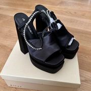 Public Desire Lilibet Black Satin Diamante Lace Up Strappy Open Toe Statement Pl