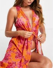 💕TED BAKER💕 Rosaliy Full Length Swim  Cover Up ~ Bright Pink Print Large NWT