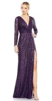 MAC DUGGAL Sequin Long Sleeve Faux Wrap Gown in Purple Size US 2