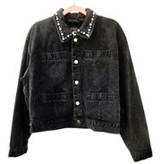 Vintage Liz Sport Oversized Crop Black Stone Washed Denim Jean Jacket Small