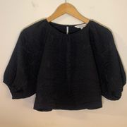 & Other Stories Textured Puff Sleeve Crop Top Leaf Embossed in Black Size 2