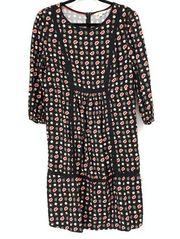 Boden Women's Size 10L Luna Dress 3/4 Sleeve Boho Prairie Black Floral Print