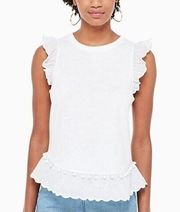 Kate Spade Women’s White Crew Neck Ruffle Trim Sleeveless Tank Top Size Small