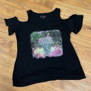 Jessica Simpson Womens Elephant Graphic Cold Shoulder T-Shirt Size L Black