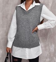 New  Solid Gray Oversized V-Neck Layering Sweater Vest Size Medium