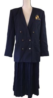 Vintage 90s Kasper Navy Blue Skirt Suit Pleated Double Breasted Collarless 14