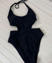 Aerie  Black Halter Cut Out Open Back High Cut One Piece Swimsuit Size S
