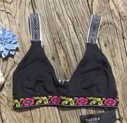 Black Floral Embroidered Tavik Deneuve Scoop Neck Bikini Top