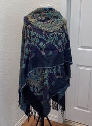 29 Palms Fringed Wrapped Shrug Scarf Shawl w/ Green & Blue Paisley Leafy EUC OS