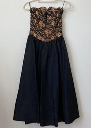 Gunne Sax Black Midi Dress with Floral Corset Style Top Size: S