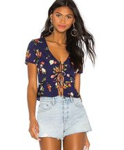 Super down Ciara navy floral tie front blouse 