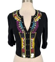 Nanette Lepore Beaded Embroidered Half Sleeve Cardigan Black Multi Size Small