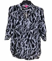 Sunny Leigh Black & White Sheer Graphic Print Button Down Blouse Size Small
