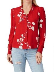 Ba&sh red white floral ruffle button up long sleeve top