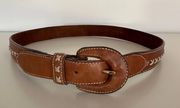 Vintage  Italian Leather Belt Western Stitching Detail Brown Small