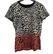 Michael Kors Womens Black Orange Size M All Over Cheetah Print Short Sleeve Tee