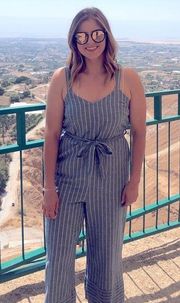 | striped denim jumpsuit