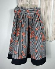 Womens Small Garcia Skirt Zippered Black/White/Coral Striped Floral a-line print