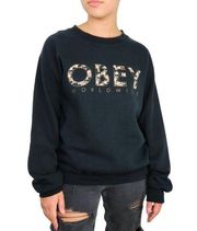 Obey Black Floral Letter Crewneck Pullover Sweatshirt Floral Small