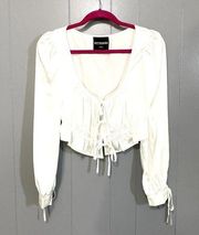 Kittenish White Satin Tie Front Long Sleeve Cinched Cropped Trendy Top S