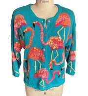 Vintage 90s Jane's Closet Pink Sequin Flamingo on Turquoise Cardigan Size Small