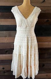 90s / Y2K Max Studio V Neck Cream Lace Midi Ruffle Stretchy Dress Size Medium