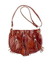 B Makowsky Dark Brown Glove Leather Crossbody Cinch Hobo Bag Tassels Fringe Boho