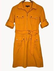 Sharagano Yellow Cargo Shirt Dress Belted Pockets Zip Front Gold Accents Size 6