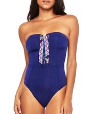 New. Trina Turk navy bandeau lace front swimsuit. Size 4. Retails $149