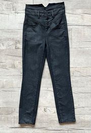 blanknyc High Rise Black Asymmetrical Waist Button Black Shiny Sheen Denim 25