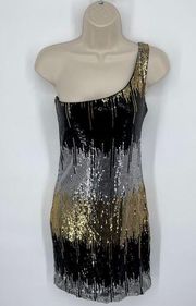 Profile Cocktail Dress NEW Junior S Black Gold Silver Sequin Lined One Shoulder