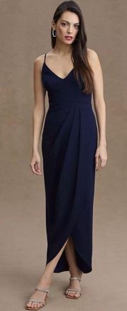 Anthropologie Lyra Faux Wrap Crepe Midi Dress in Midnight Navy Blue