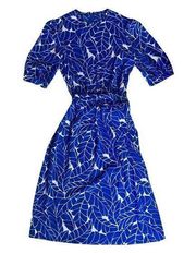 Vtg Henry Lee Women's Dress Sz 12 Blue White Tropical Leaf Print Belted Midi 80s