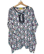 Roller Rabbit Multicolor Pattern Tunic With Fringe Detail Women's M/L White Blue