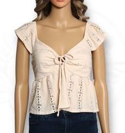 Urban Romantics Crochet Eyelet Crinkle Flutter Sleeve Tie Front Crop Top Size L