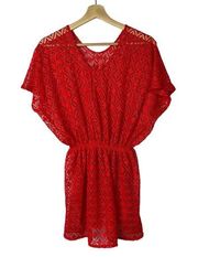 Boutique Red Eyelet Lace Short Sleeve Swim Coverup S