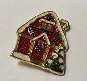 NWOT Signed SFJ Christmas Holiday Brooch Pin Enamel Red House with Tree And Snow