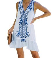 Dee Elly V Neckline Embroidered Ruffle Hemline Shift Dress - Tunic Relaxed Sz S